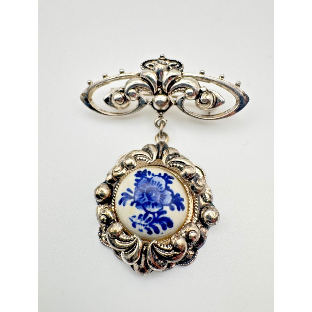 Vintage Dangle Brooch Unsigned Delft Blue Porcelain  Silver Tone Floral Pin